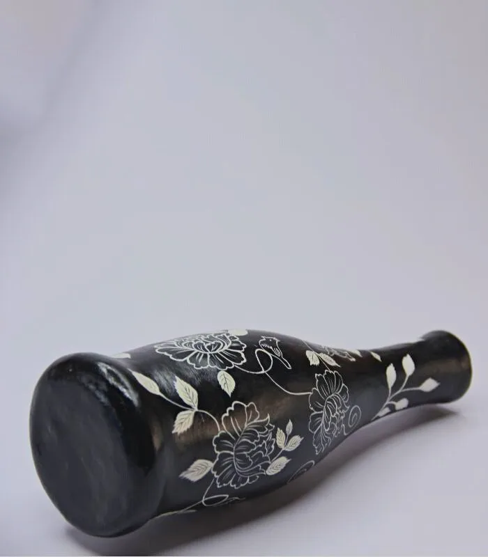 Paper Mache Black and White Floral Hand Painted Vase