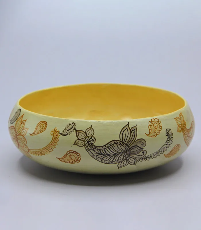 Paper Mache Round-Creamish Yellow Paisley Hand Painted Bowl