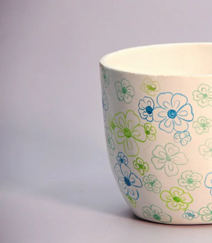 Paper Mache Round White Freehand Flower Hand Painted Pot