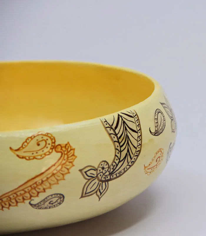 Paper Mache Round-Creamish Yellow Paisley Hand Painted Bowl