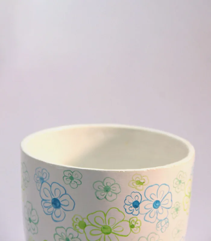 Paper Mache Round White Freehand Flower Hand Painted Pot