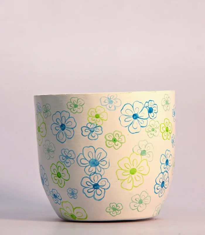 Paper Mache Round White Freehand Flower Hand Painted Pot