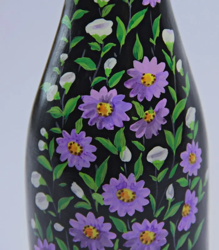 Paper Mache Black and Purple Floral Hand Painted Vase