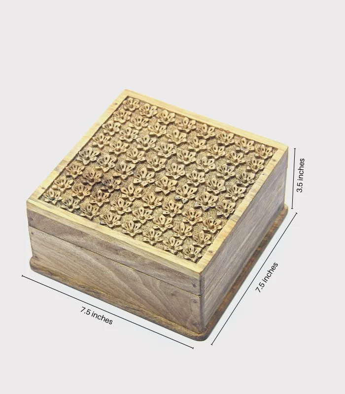 Real Walnut Wood Carved Boxes Small Flower Design- Set Of 5