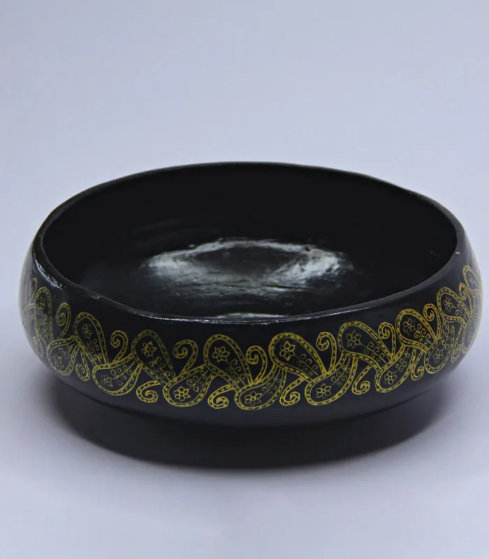 Paper Mache Round-Black and Golden Fine Paisley Hand Painted Bowl