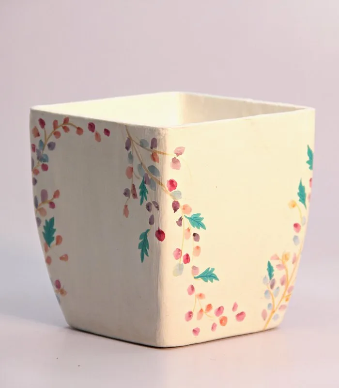 Paper Mache Square-White Minimal Floral Hand Painted Leaves Pot