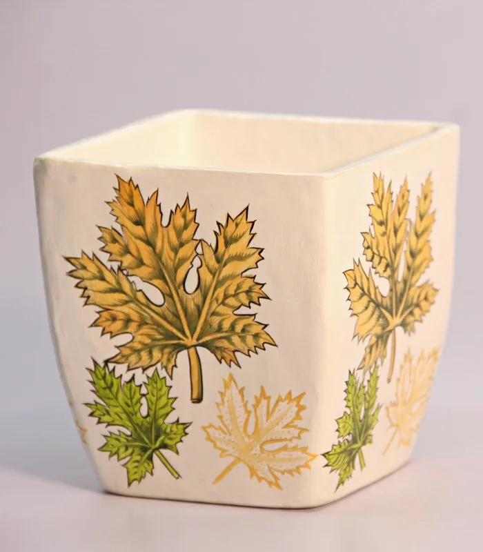 Paper Mache Square-White Hand Painted Chinar Leaves Pot