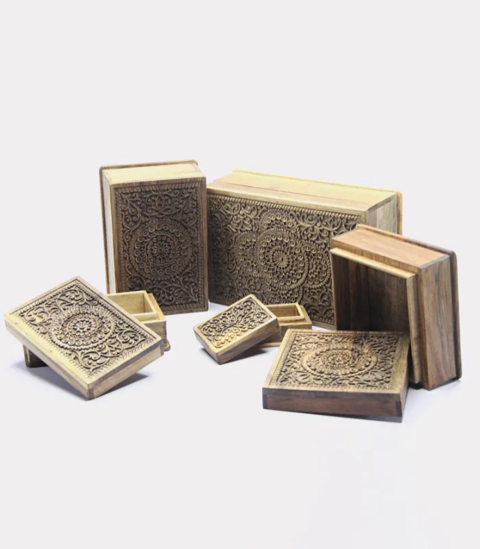 Real Walnut Wood Carved Boxes Chakri Design- Set Of 5