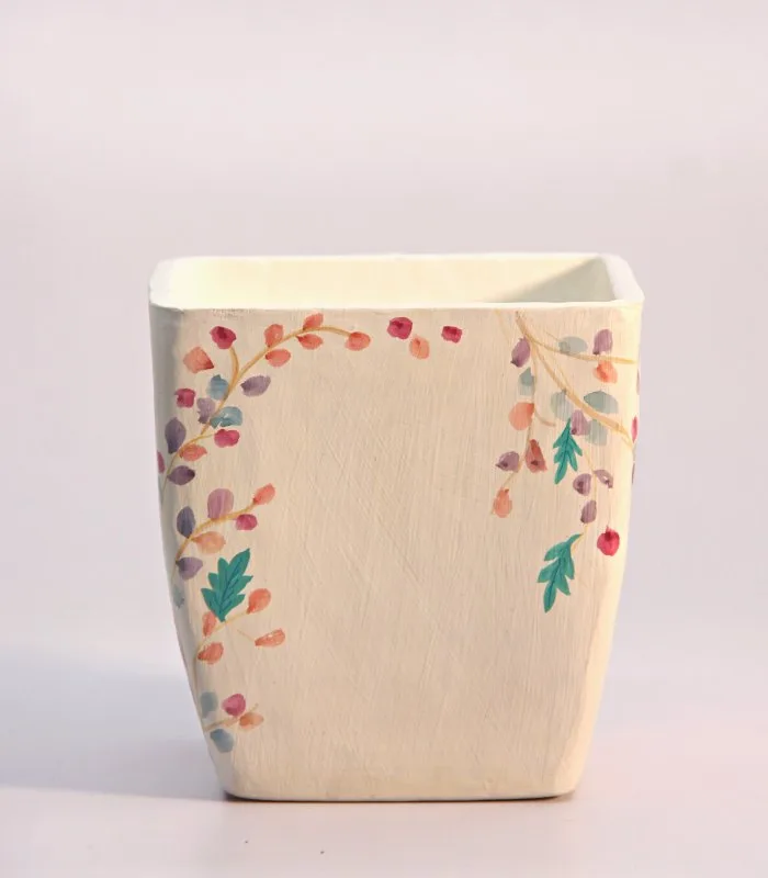 Paper Mache Square-White Minimal Floral Hand Painted Leaves Pot