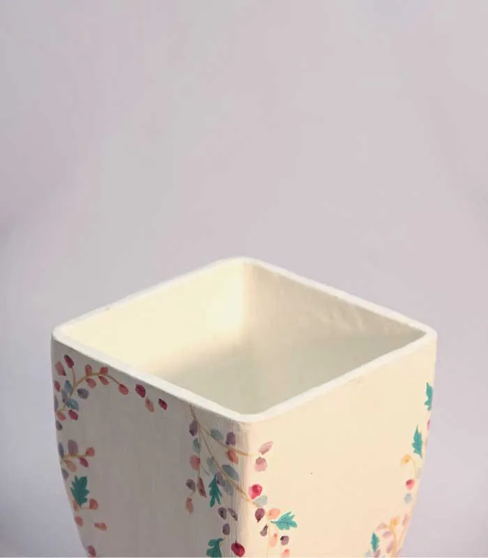 Paper Mache Square-White Minimal Floral Hand Painted Leaves Pot