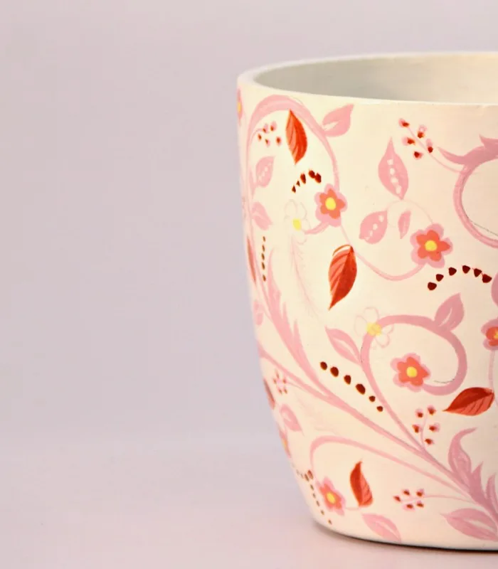 Paper Mache Round-White and Pink Hand Painted Pot