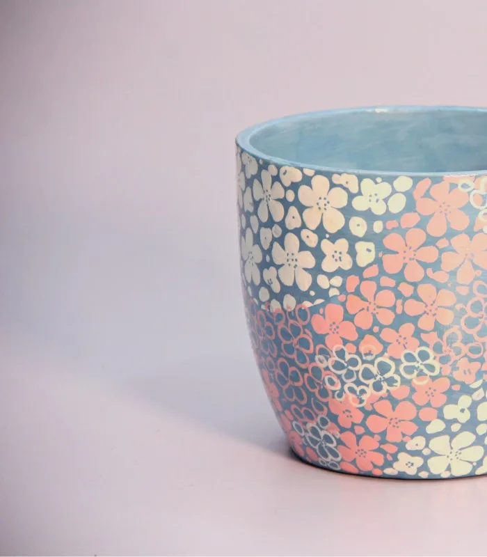 Paper Mache Round-Light Blue Hand Painted Pot