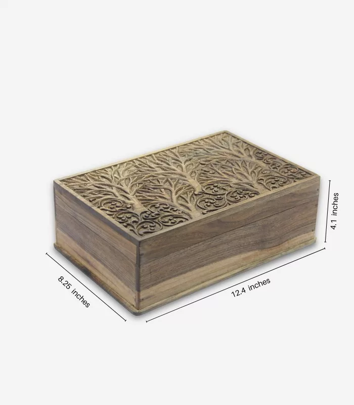 Real Walnut Wood Carved Boxes Tree Design- Set Of 5