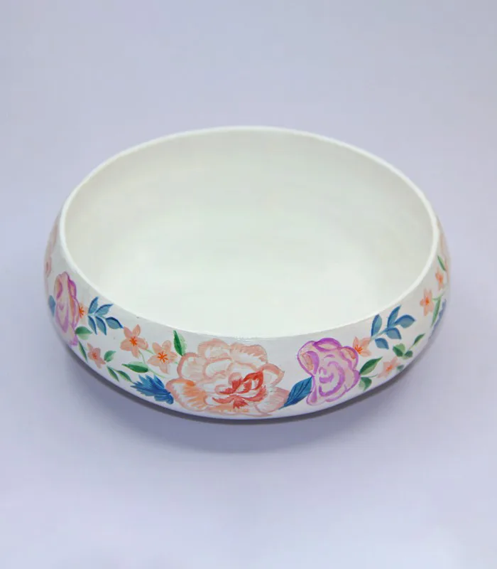 Paper Mache Round-White Garden Flowers Hand Painted Bowl