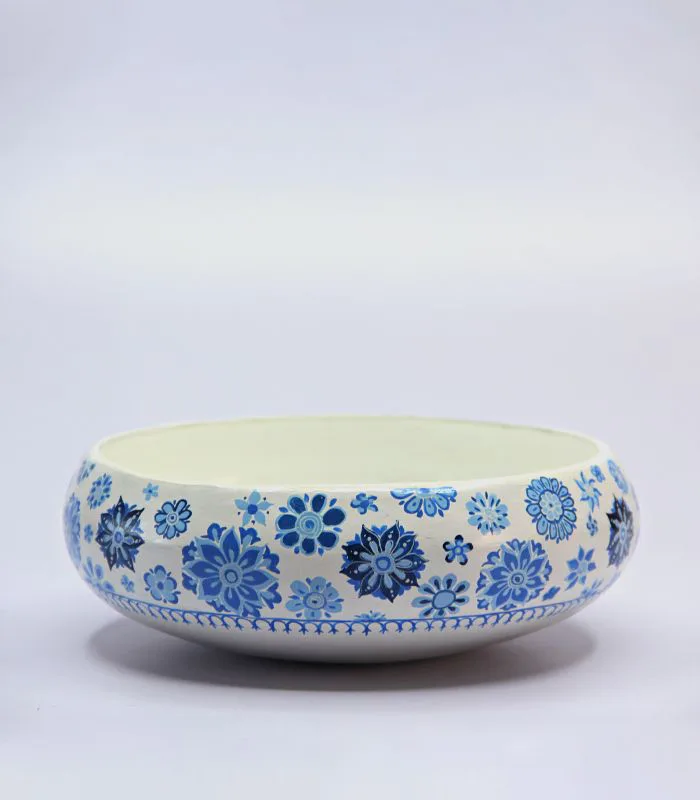 Paper Mache Round-White And Blue Hand Painted Bowl