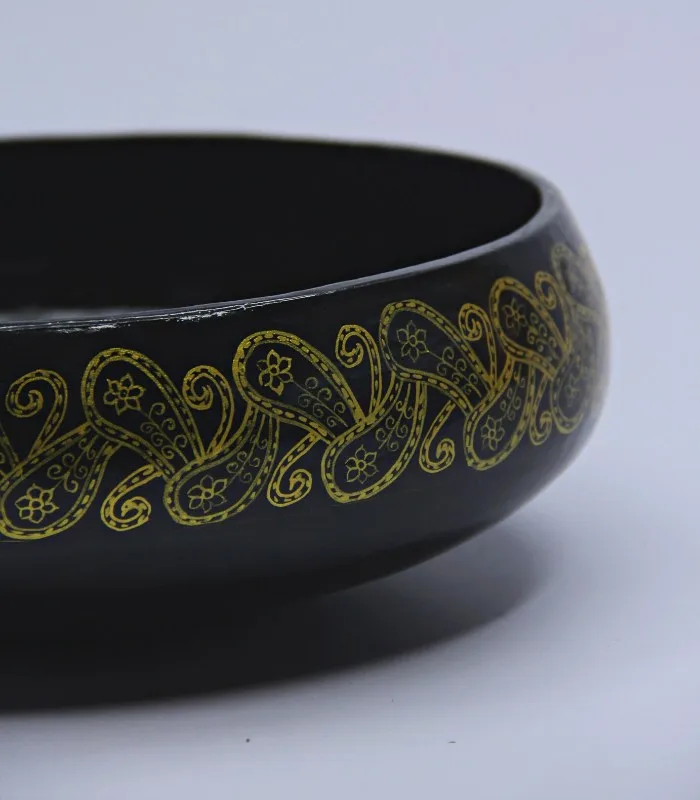 Paper Mache Round-Black and Golden Fine Paisley Hand Painted Bowl