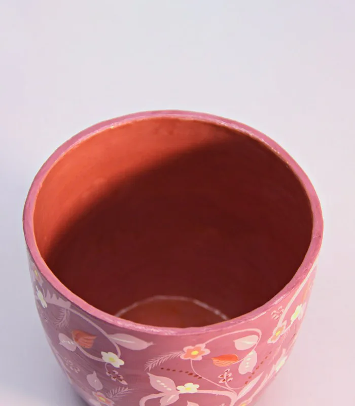 Paper Mache Round-Deep Nunchai Pink Hand Painted Pot