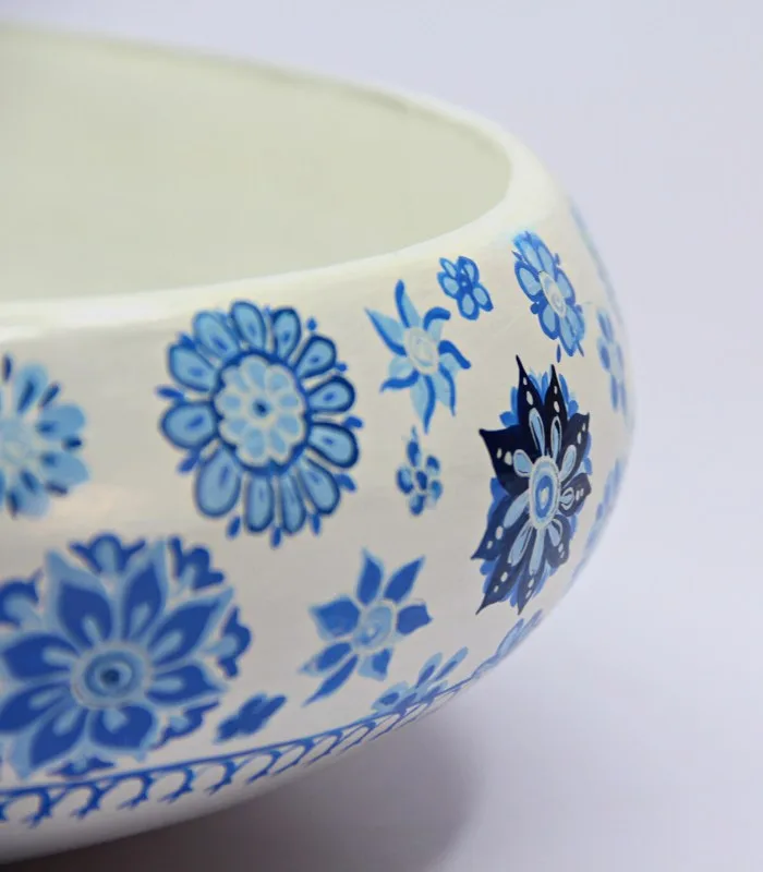 Paper Mache Round-White And Blue Hand Painted Bowl