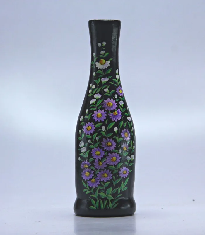 Paper Mache Black and Purple Floral Hand Painted Vase