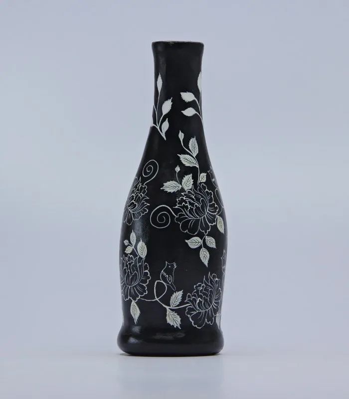 Paper Mache Black and White Floral Hand Painted Vase