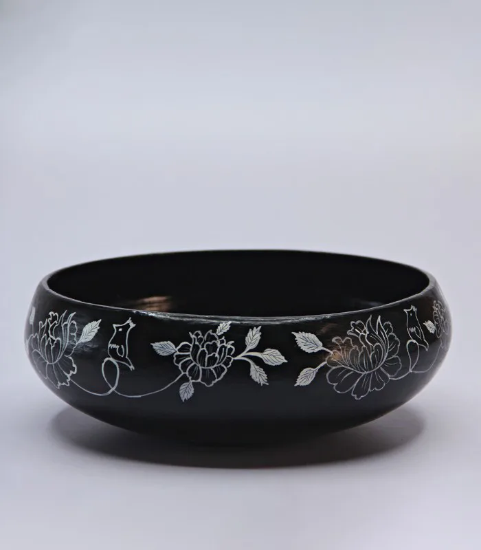 Paper Mache Round-Black and White Fine Floral Hand Painted Bowl