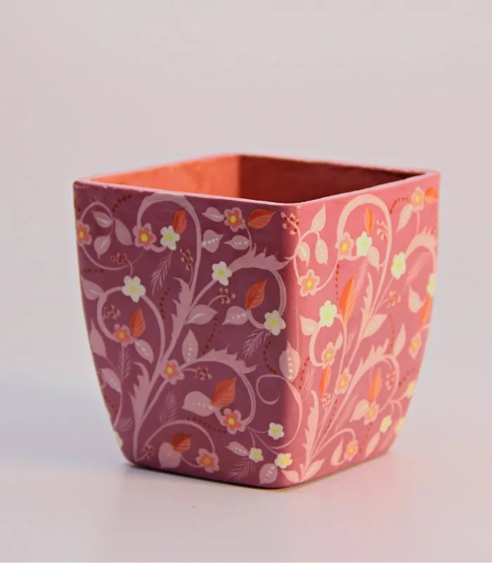 Paper Mache Square-Deep Nunchai Pink Hand Painted Pot