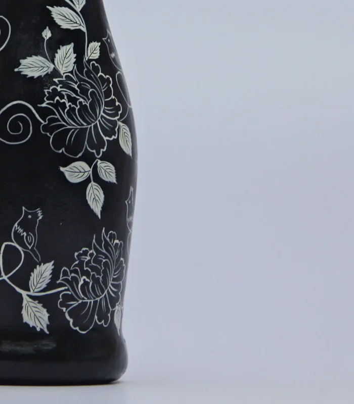 Paper Mache Black and White Floral Hand Painted Vase