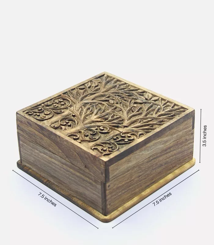 Real Walnut Wood Carved Boxes Tree Design- Set Of 5