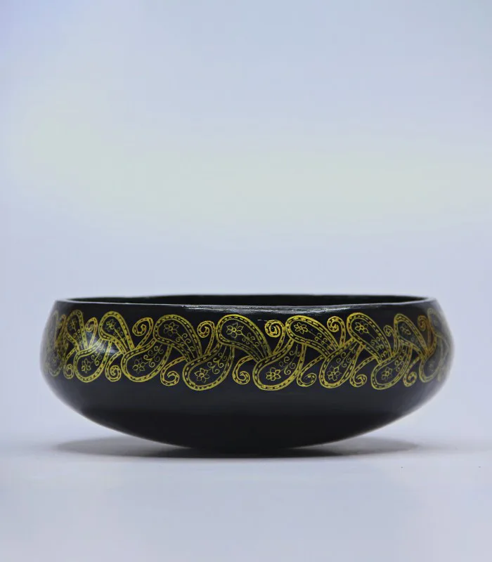 Paper Mache Round-Black and Golden Fine Paisley Hand Painted Bowl