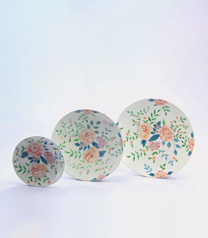 Paper Mache Multicolor Floral Wall Plates - Set Of 3