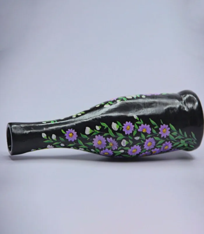 Paper Mache Black and Purple Floral Hand Painted Vase