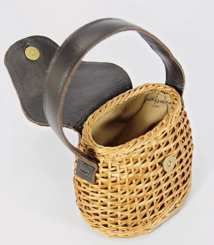 Willow Wicker Miniature Round Handbag - With Leather Flap, Magnetic Lock and Lining
