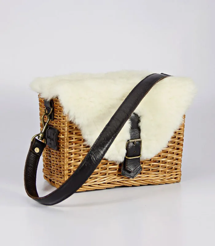 Willow Wicker Small Rectangular Handbag - With Merino Fur Flap, Magnetic Lock and Lining
