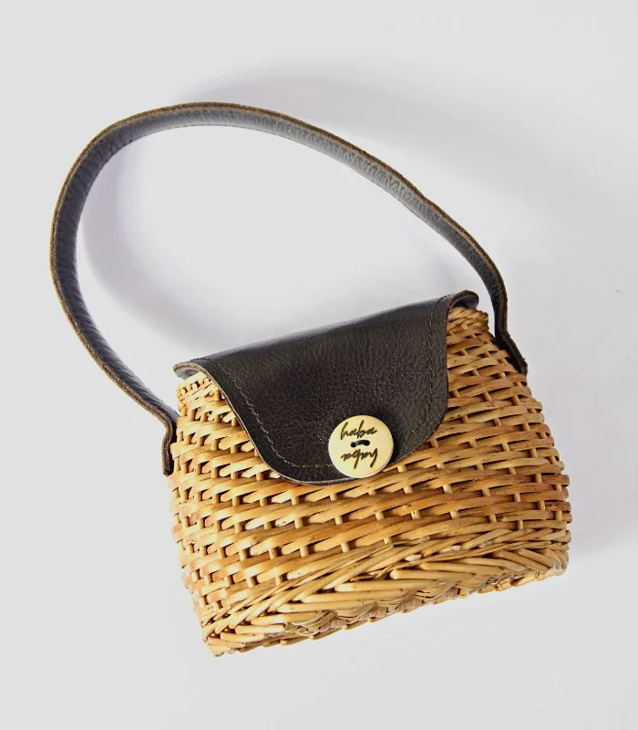 Willow Wicker Miniature Round Handbag - With Leather Flap, Magnetic Lock and Lining