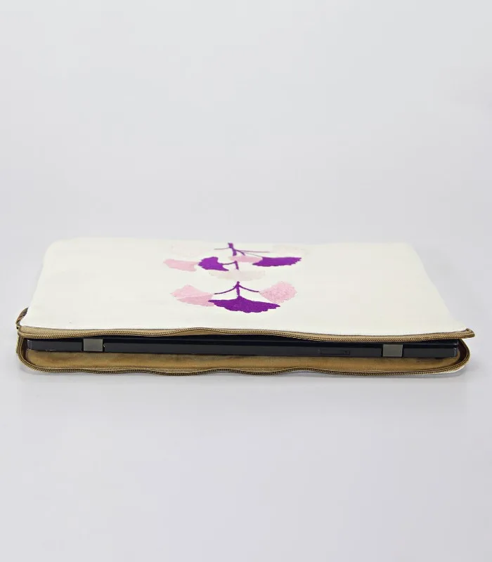 Multicolored Hand Sozni Work Pure Cotton Laptop Bag- Floral Purple - With Lining