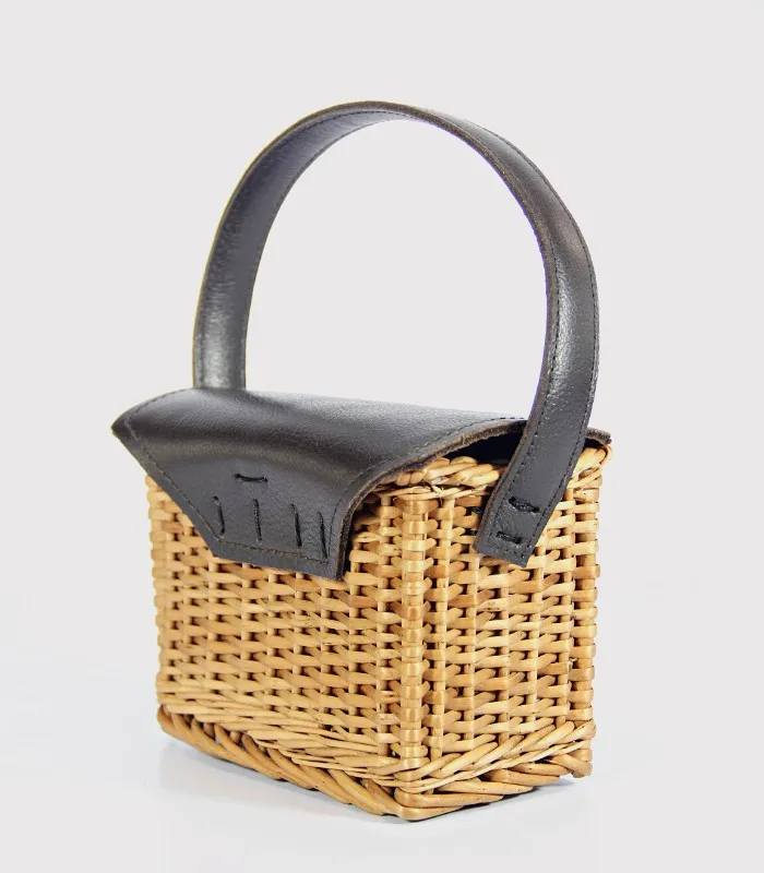 Willow Wicker Miniature Rectangular Handbag - With Leather Flap, Magnetic Lock and Lining