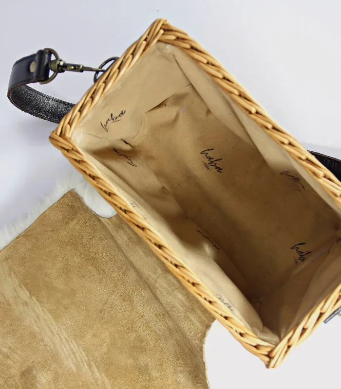 Willow Wicker Small Rectangular Handbag - With Merino Fur Flap, Magnetic Lock and Lining