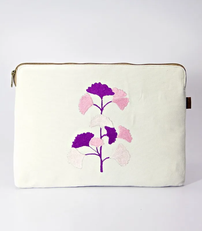 Multicolored Hand Sozni Work Pure Cotton Laptop Bag- Floral Purple - With Lining