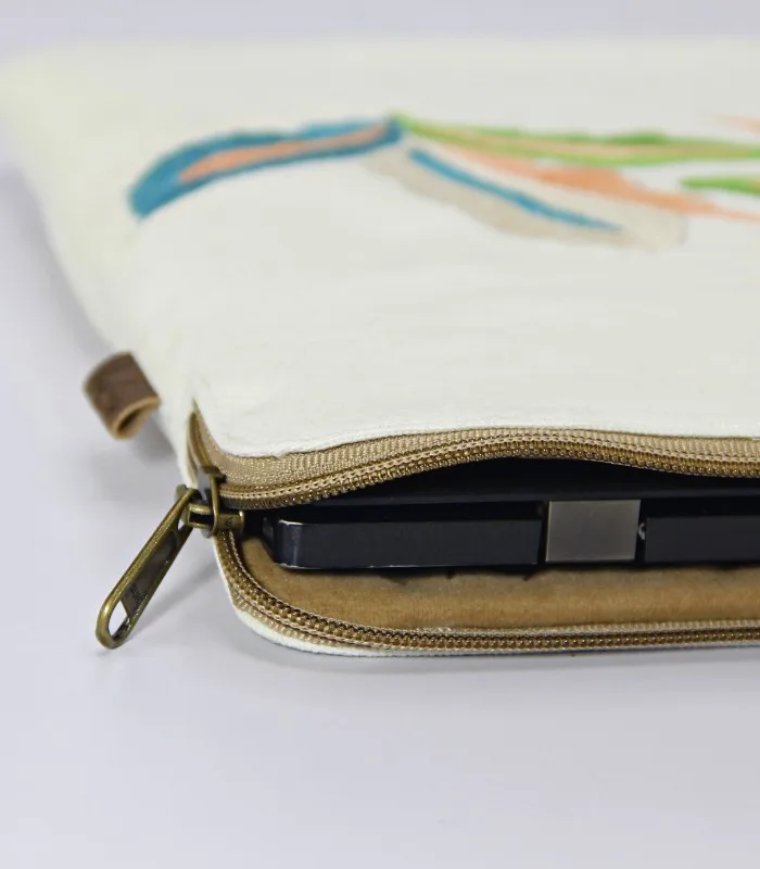 Multicolored Leaf Work Hand Sozni Work Pure Cotton Laptop Bag - With Lining