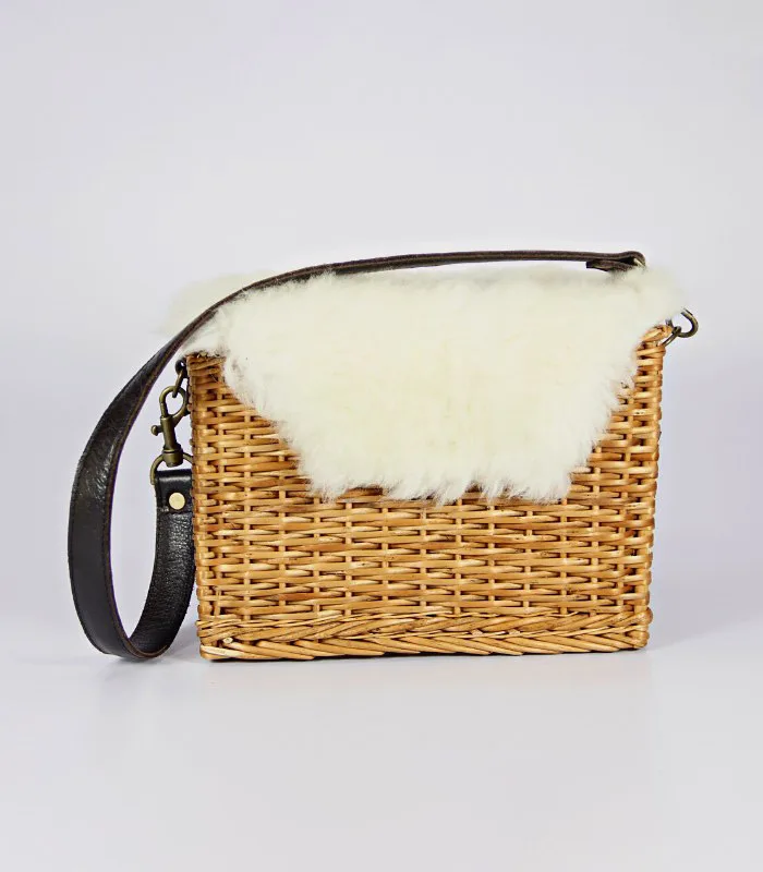 Willow Wicker Small Rectangular Handbag - With Merino Fur Flap, Magnetic Lock and Lining