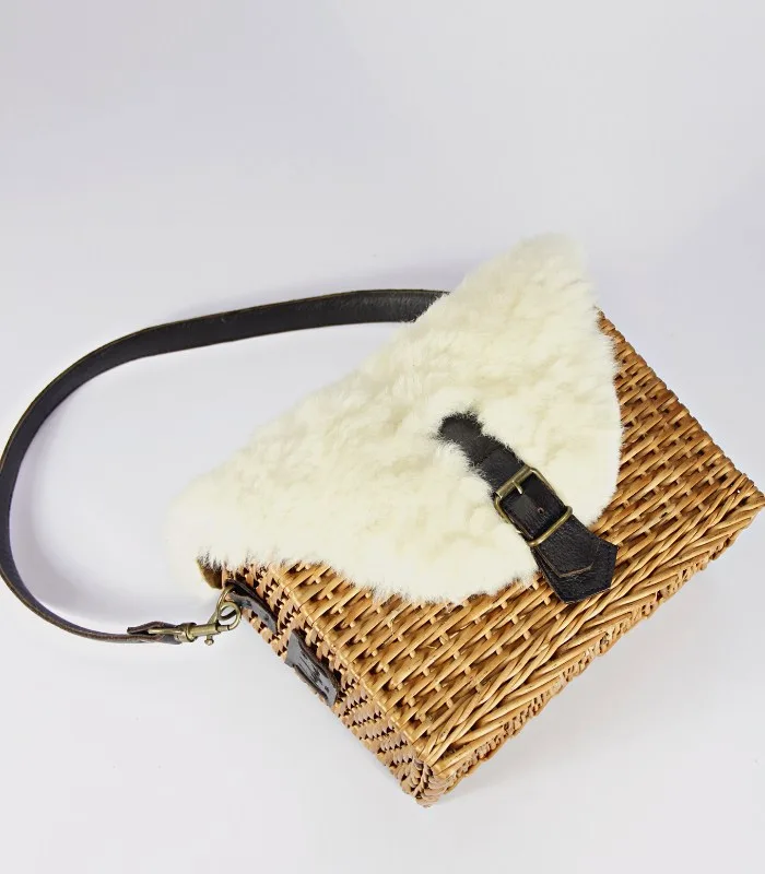 Willow Wicker Small Rectangular Handbag - With Merino Fur Flap, Magnetic Lock and Lining