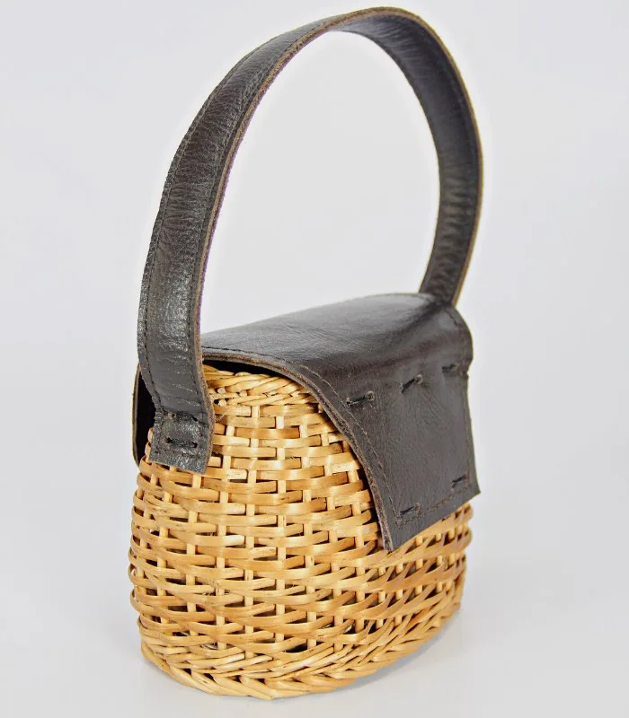 Willow Wicker Miniature Round Handbag - With Leather Flap, Magnetic Lock and Lining