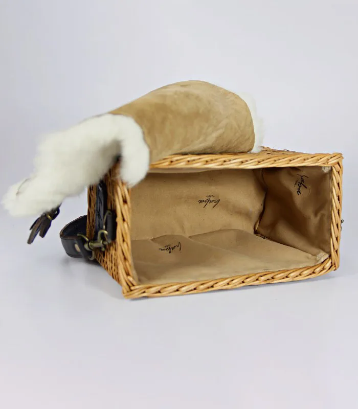 Willow Wicker Small Rectangular Handbag - With Merino Fur Flap, Magnetic Lock and Lining