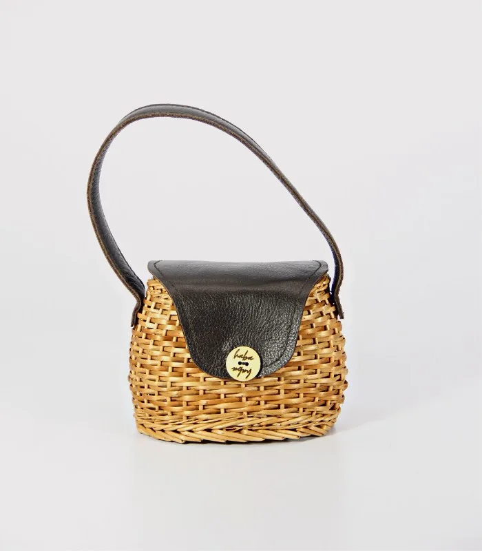 Willow Wicker Miniature Round Handbag - With Leather Flap, Magnetic Lock and Lining