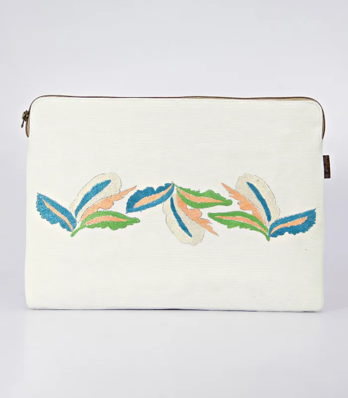 Multicolored Leaf Work Hand Sozni Work Pure Cotton Laptop Bag - With Lining