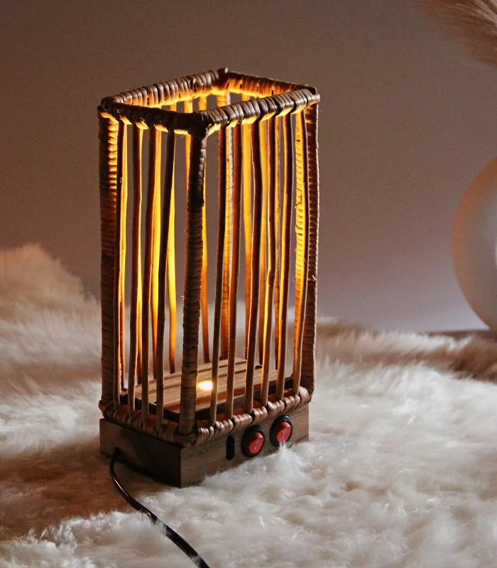 Willow Wicker Chopstick Table Lamp With Walnut Wood Base - With Inbuilt LED Light and USB Charging Port