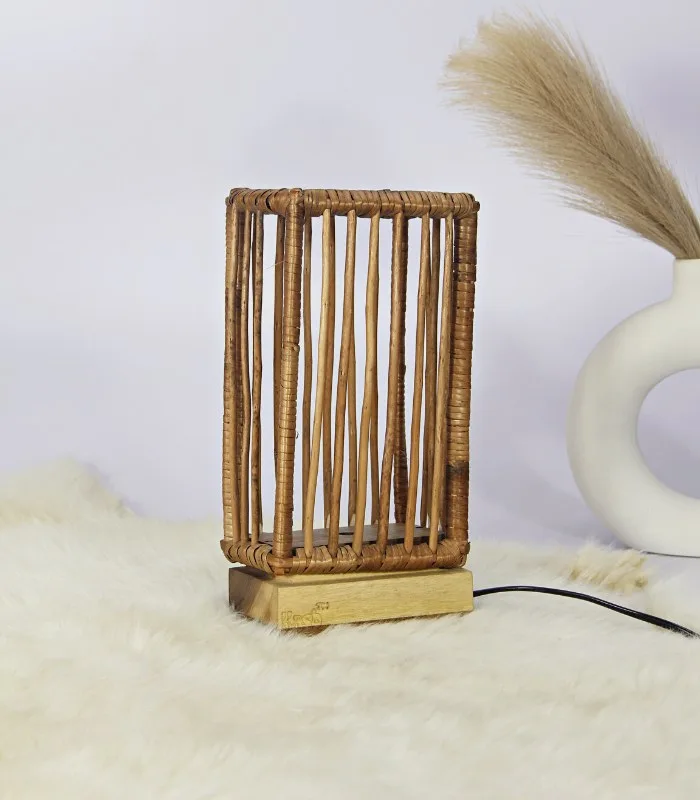 Willow Wicker Chopstick Table Lamp With Walnut Wood Base - With Inbuilt LED Light and USB Charging Port