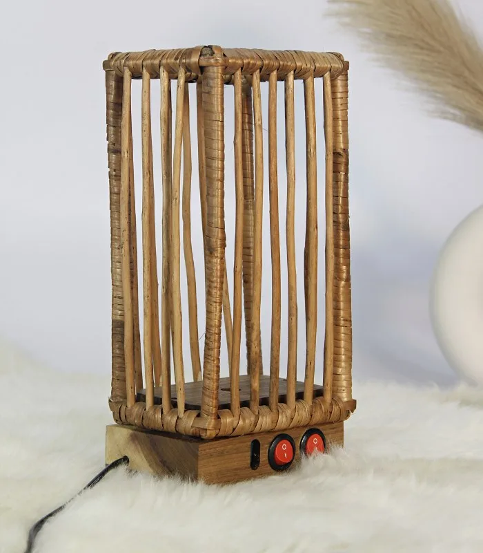 Willow Wicker Chopstick Table Lamp With Walnut Wood Base - With Inbuilt LED Light and USB Charging Port