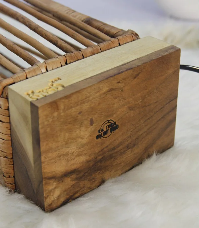 Willow Wicker Chopstick Table Lamp With Walnut Wood Base - With Inbuilt LED Light and USB Charging Port