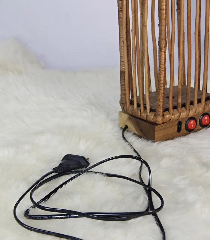 Willow Wicker Chopstick Table Lamp With Walnut Wood Base - With Inbuilt LED Light and USB Charging Port